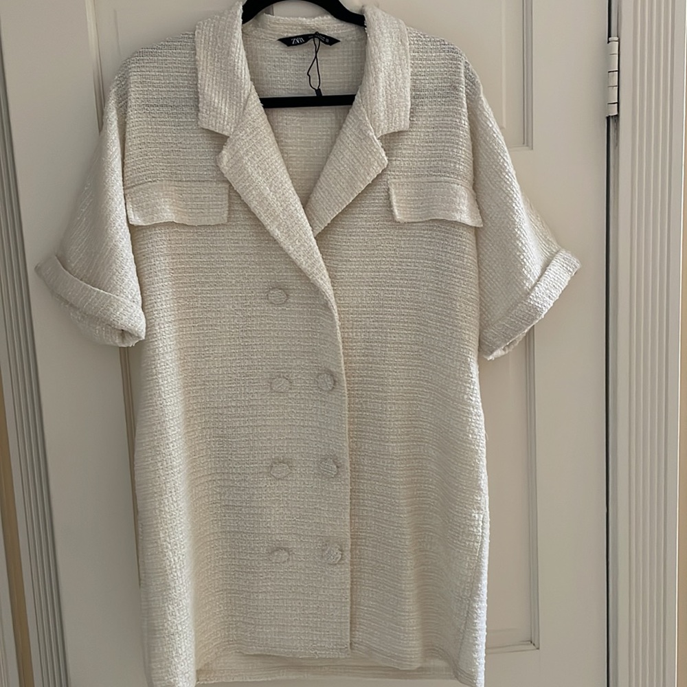 NWOT Zara Double Breasted Cream Tweed Suitdress/ Oversized Coat in size Small